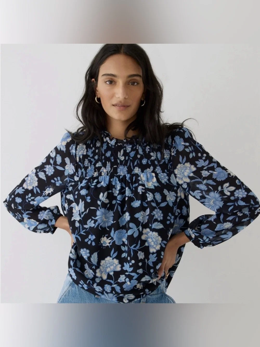 J.Crew Ruffle Neck Chiffon Top Midnight Blue Black Floral Pattern Smocked Ruffle